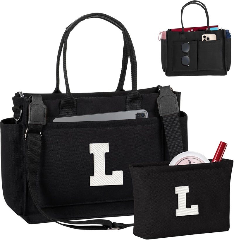 Freesya Store Birthday Gifts for Women Teen Girls, Initial Tote Bag with Zipper, Letter Canvas Tote Purse for College Work Laptop - Image 1
